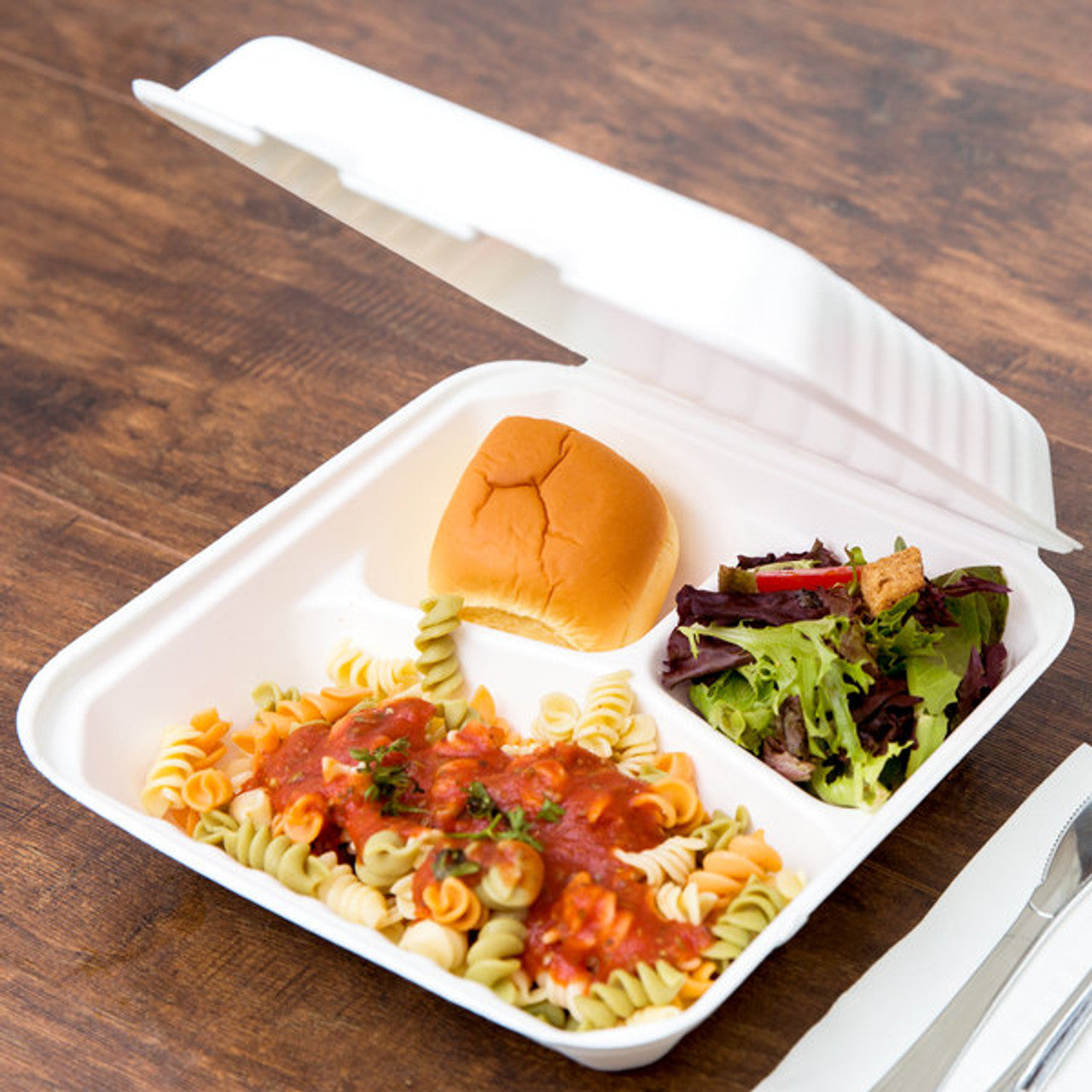 Bagasse Clamshell Takeaway Container Box 3 Compartments - 9" x 9"