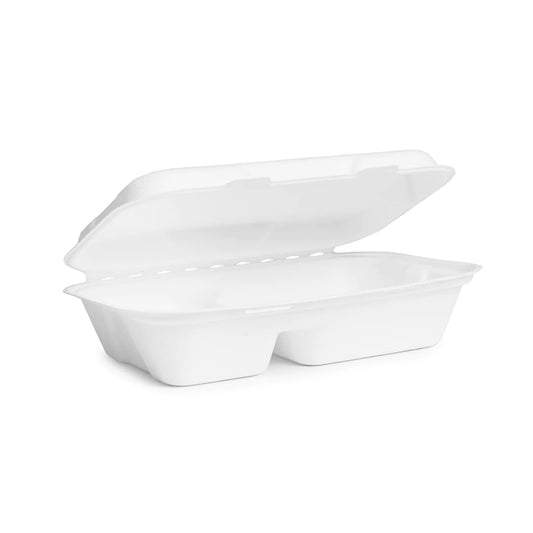 Bagasse Clamshell Takeaway Container Box 2 Compartments - 9" x 6"