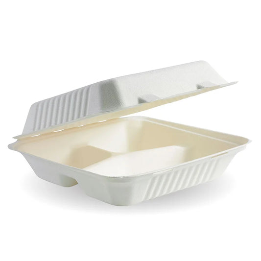 Bagasse Clamshell Takeaway Container Box 3 Compartments - 9" x 9"